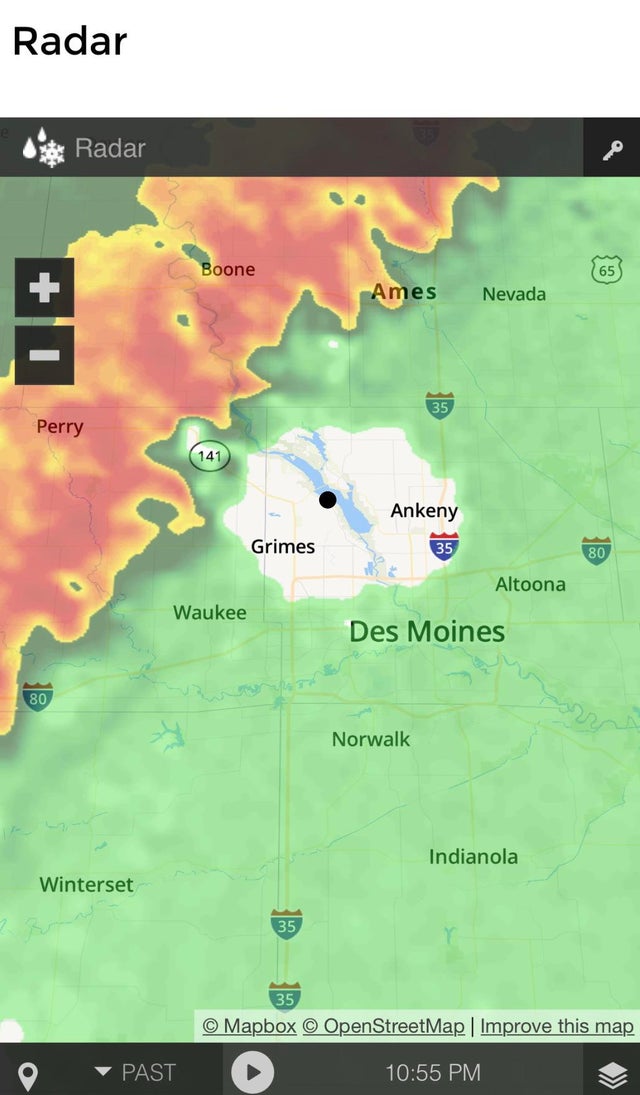 Am I tripping or are all the theories about the weather deflector true? The black dot is where the giant weather radar sits (I think NWS manages it). Image from KCCI’s radar.