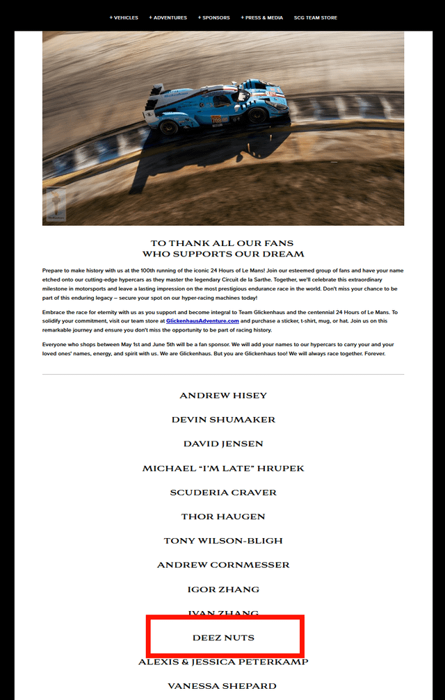 DEEZ NUTS is apparently on the Glickenhaus